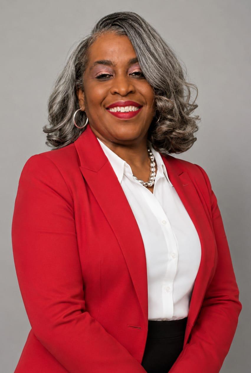 Dr. Tygere Charles in a red blazer and white blouse